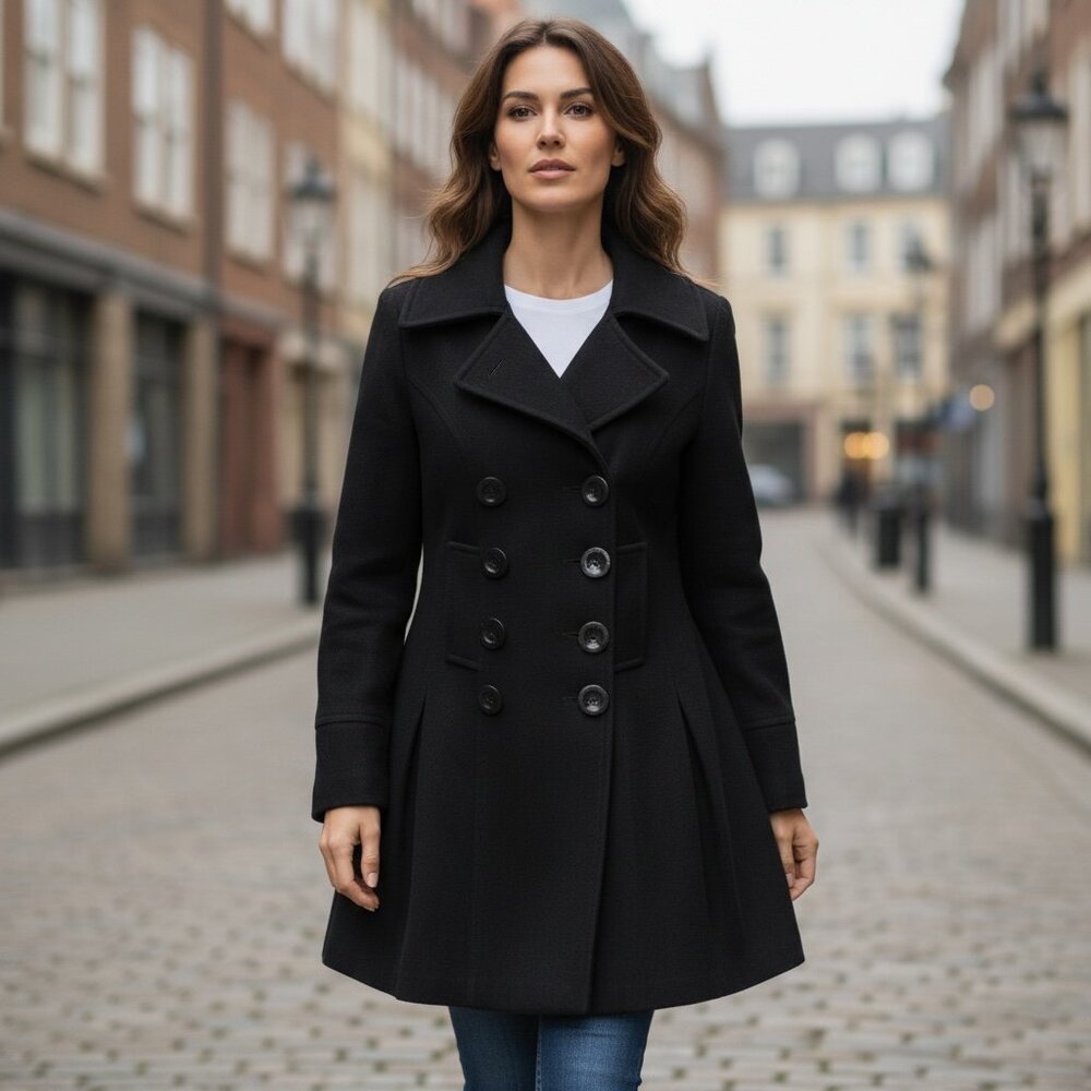 Kensie Double Breasted Wool Blend Pea Coat Sz 10 Black #221A